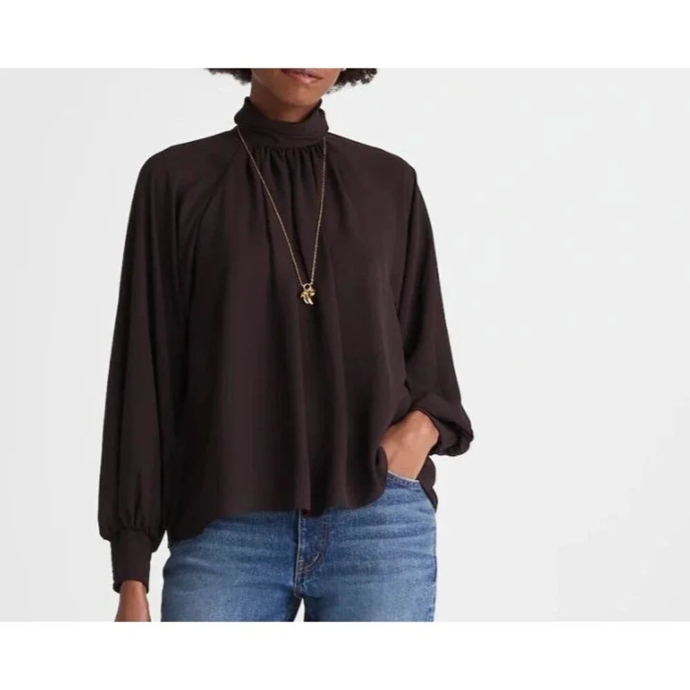 Madewell Chiffon Turtleneck Blouse XS Molasses Brown Smocked Cuff NWT NY352 - Picture 7 of 13